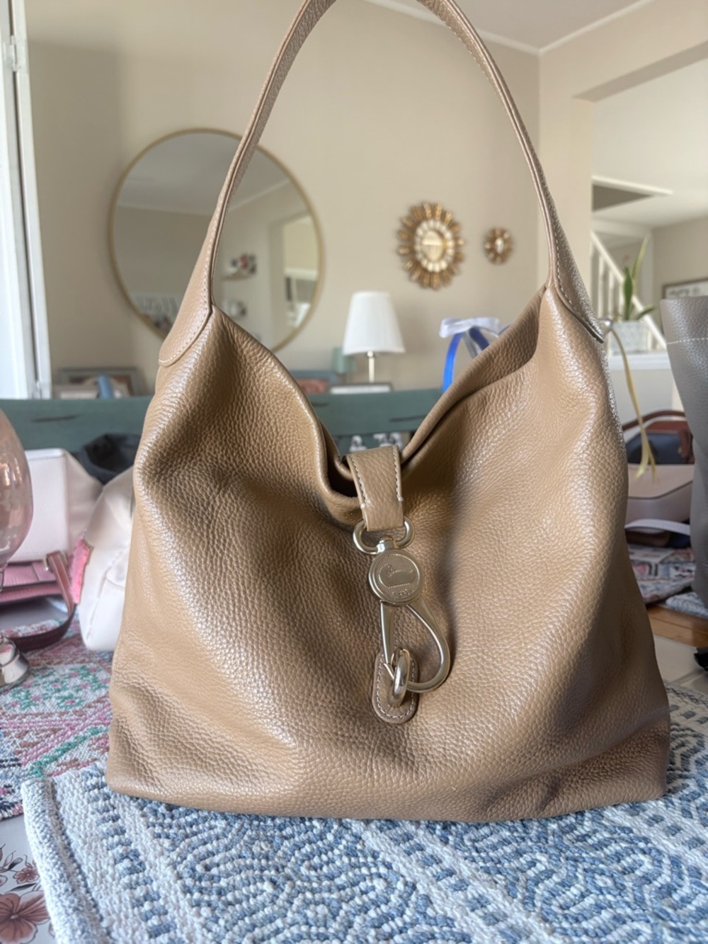 Pebbled Leather Hobo Bag in Taupe